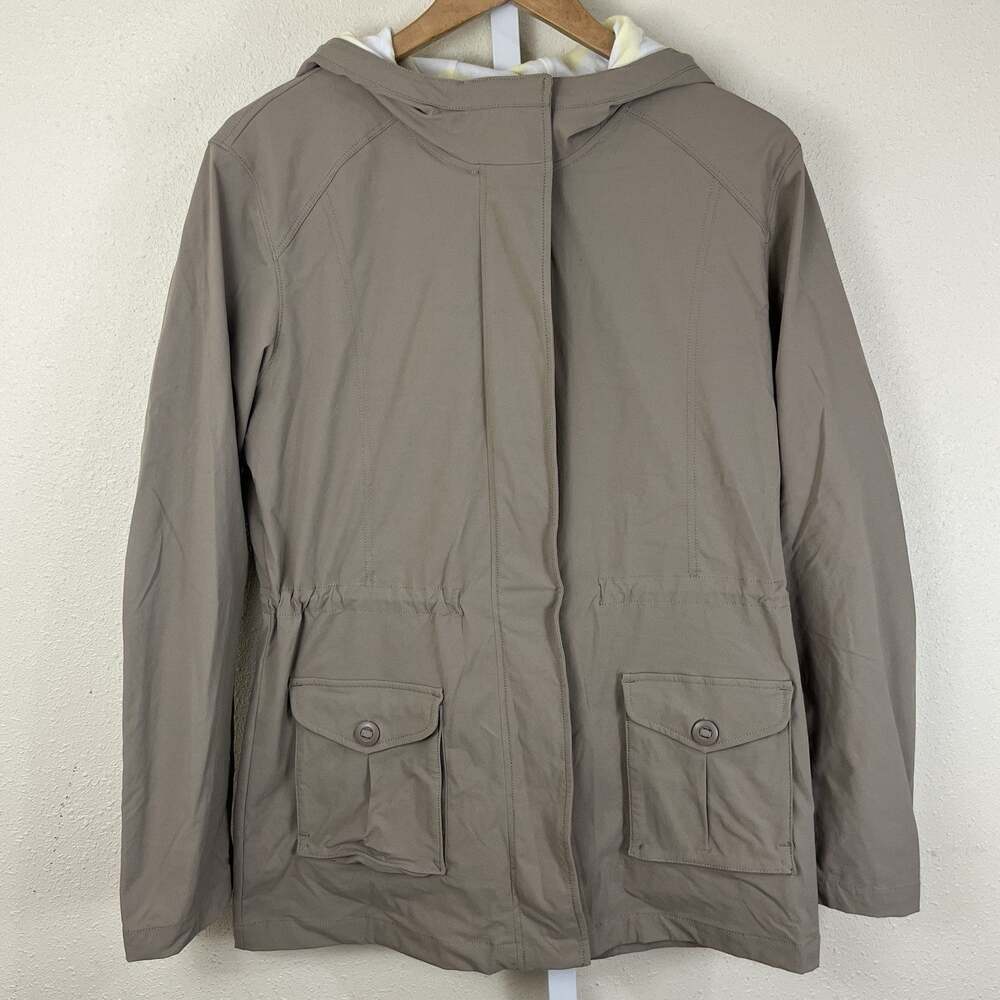 Lucy Hooded Utility Jacket Womens L Large Taupe Stretch Drawstring Waist Pockets